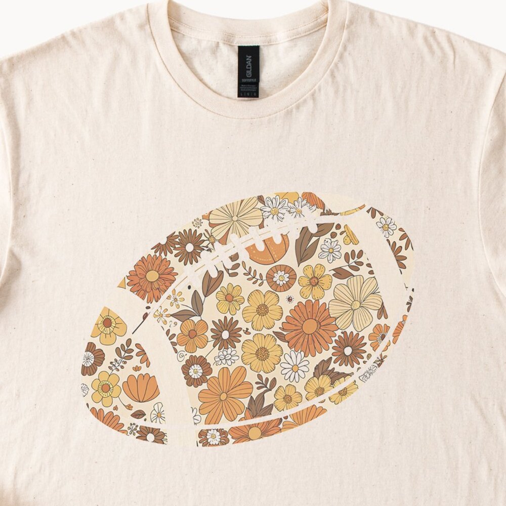 Flower Football Graphic Tee Boho Sports Shirt Fall Game Day Athletic Top - Picture 2 of 6